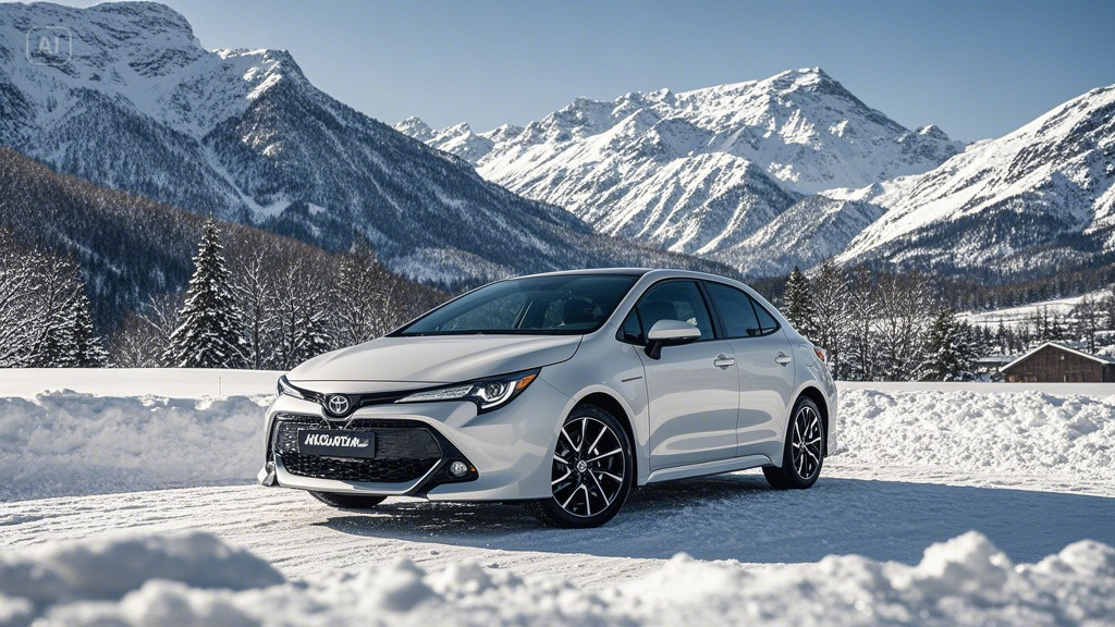 A Toyota Corolla in a pearl white finish, parked on a snowy driveway with snow-covered mountains in ... (2)