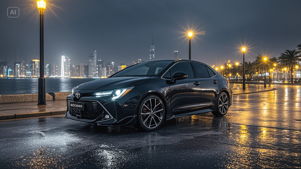 A black Toyota Corolla, city lights glowing in the background, driving on a wet street after rain. R...