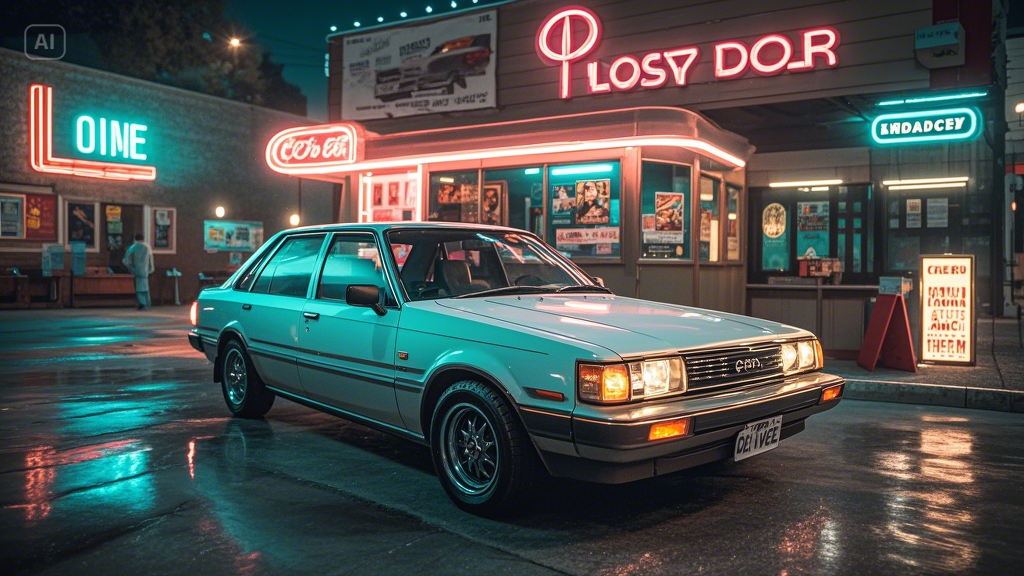 A well-maintained, classic 1985 Toyota Corolla in white, parked at a retro diner with neon signs at ... (1)