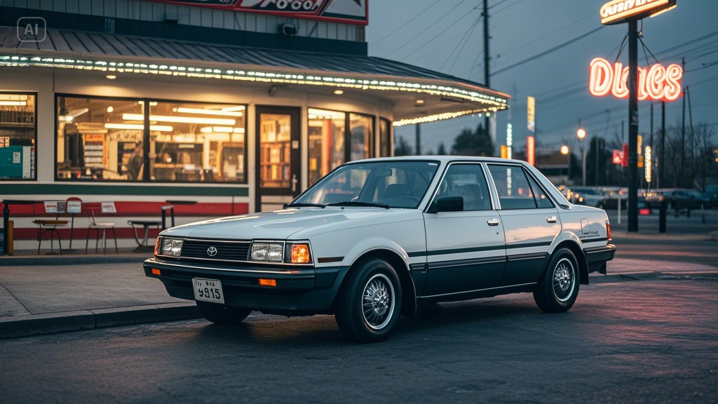 A well-maintained, classic 1985 Toyota Corolla in white, parked at a retro diner with neon signs at ... (2)